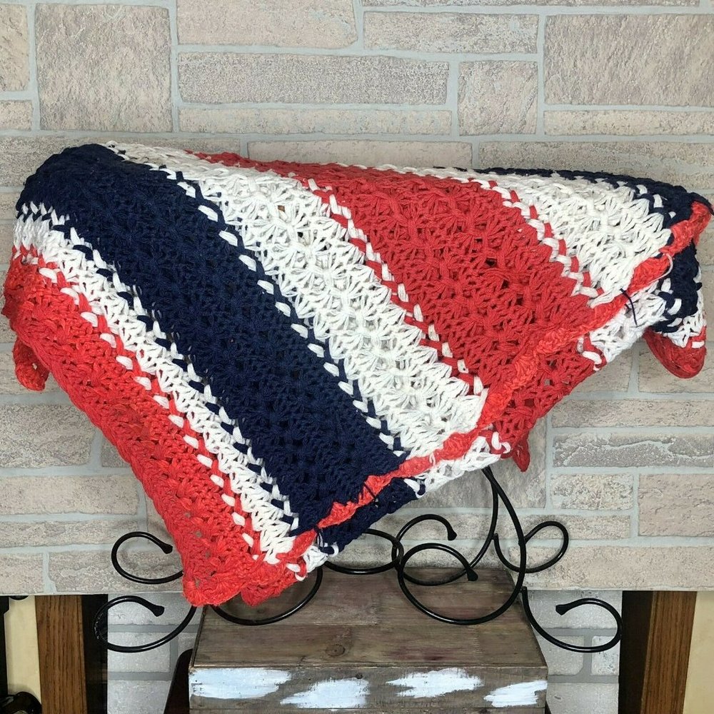 Vintage Red White Blue Handmade Afghan Couch Blank